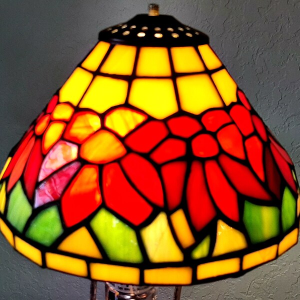 Vintage Stain Glass Lamp Shade- Slag Glass Lamp Shade- Art Deco Tiffany Style Lamp Shade- Glass Shade with Poinsettia and Rose Motif- As- Is