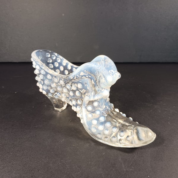 Vintage Fenton Shoe- Moonstone Art Glass Hobnail Cat Head Slipper Shoe - Collectible Glassware