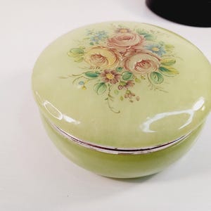 Genuine Alabaster Trinket Box - Pale Green with Flower Design- Gift for Her- Vanity Table Decor- Entryway Decor- Hairpin Container