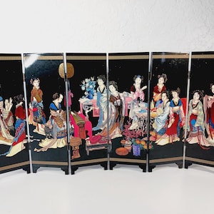 9 1/2" Tall Vintage Chinese Folding Screen Double Sided Asian Decor Tabletop Panel Art