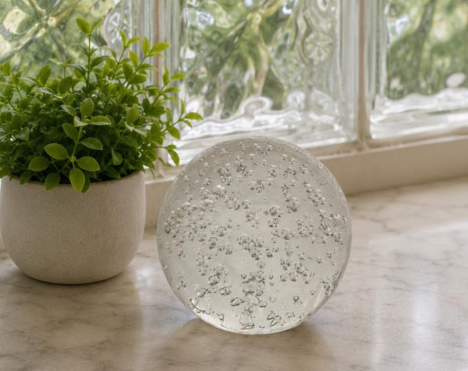 Vintage Controlled Bubble Art Glass Paperweight – Clear Sphere Orb, Small Blemish