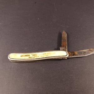 Rare Colonial Pocket Knife  3&quot; Closed– George &quot;Bud&quot; Mambite Mapleton IL Promo – 2 Blade – Pearlized Celluloid –Fisherman Gift- Hunters Gift