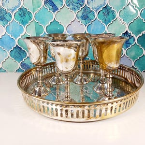 Indian Silver Plate Mini Goblets Set with Etched Tray –Vintage Serving Set- Made in India- Housewarming Gift- Wedding Gift- AS-IS