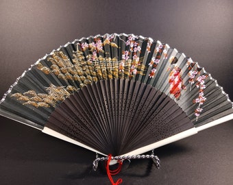 Vintage Hand Fan- Handcrafted Wooden Folding Hand Fan - Vintage Hand Fan with Original Box - Geisha and Bridge Design- Hand-Painted