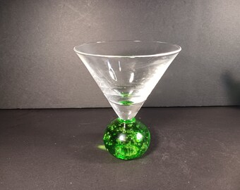 Vintage Mid-Century Bullicante Martini Glass -Vintage Green & Clear Martini Glass with Bubble Bottom - Artistic Barware Collectible