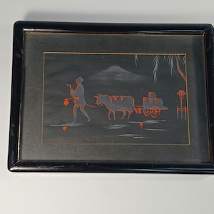 Vintage Chinese Silk Painting on Black Silk Wall Art-Vintage Hand-Painted Silk Framed Wall Art - Rural Ox Cart Scene