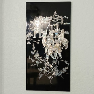 Asian Mother of Pearl Inlay Wall Art – Black Lacquer Panel with Horsemen Procession – Vintage 23&quot; Decorative Panel – Abalone Shell Inlay