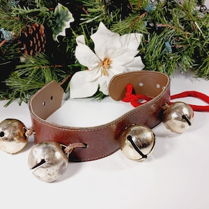 Sleigh Bells On Original Leather Strap – 17&quot; Long –Vintage Christmas Door Hanger - Festive Home Decor- Rusty Bells
