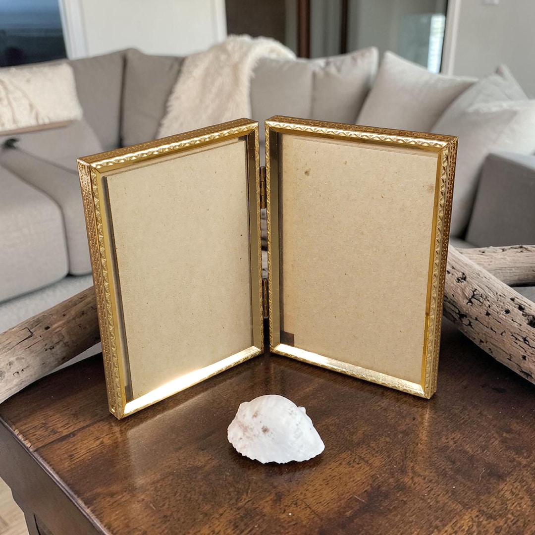 Vintage Gold Double Hinged Picture Frame Bi Fold 5x7 Mid Century Decor ...