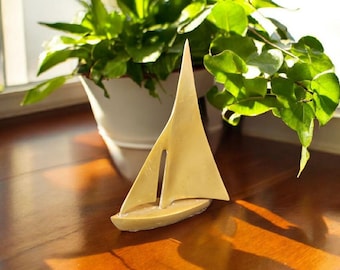 Vintage Brass Sailboat Sculpture - Nautical Beach Decor - 6 1/4" Tall Brass Sail Boat Figurine