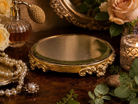 Vintage Round Vanity Mirror Tray Ornate Hollywood Regency Decorative Mirror – AS-IS