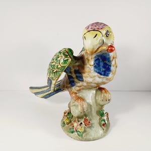 Large Vintage Majolica Parrot Figurine – Hand Painted Bird Statue with Flowers – Porcelain Parrot Collectible - Chipped Flower