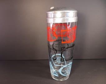 Mid Century Glass Cocktail Shaker – Printed Recipes, Vintage Barware (AS-IS)