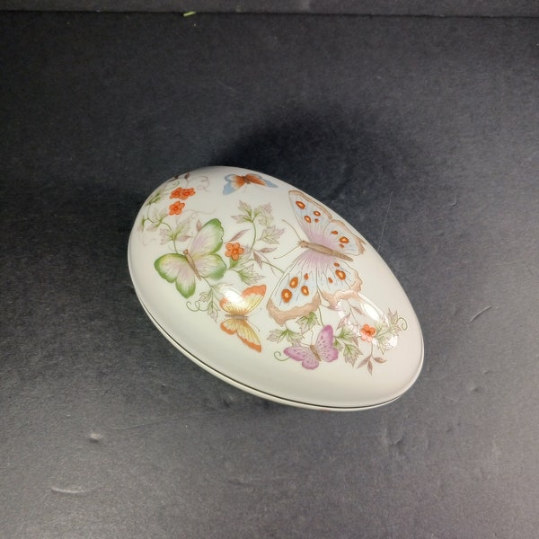 Avon Porcelain Easter Egg Candy or Trinket Box - Pastel Butterflies, Flowers, 22K Gold Trim - Vintage 1974 Collectible