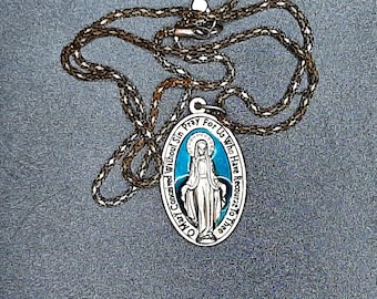 Teal Enamel &quot;O Mary Pray for us&quot; Medal Pendant Necklace- Vintage Necklace- Religious Gift- Gift for Her- Catholic Gift