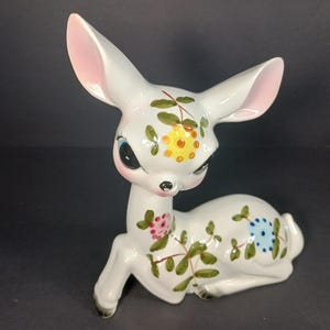 Vintage Norcrest Ceramic Deer Figurine – Big Eyes, Floral Decor