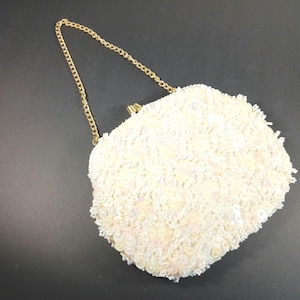 White Beaded Sequined Opalescent-Vintage Purse -Hong Kong White Beaded Clutch- Gold Chain Handle Bag -Prom Purse- Evening Bag- Wedding Purse
