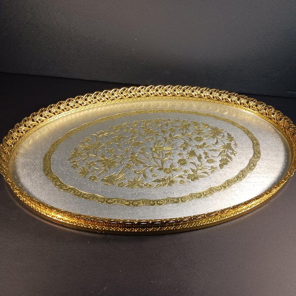 Vintage Oval Vanity Tray with Bird and Floral Design - Hollywood Regency Glamour- Gift For Her- Mom Gift- Unique Gift- Ornate Oval Tray