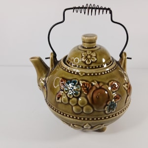 Vintage Japan Majolica Teapot - 1970s Avocado Green with Fruit Design - Farmhouse Kitchen Decor - Collectible Gift-Tea Lovers Gift