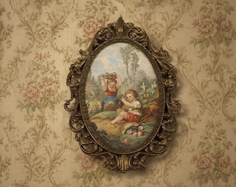 Vintage Victorian Children Print Ornate Oval Italian Metal Frame
