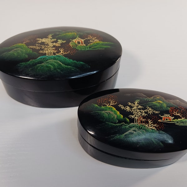 Wood Trinket Box- Hand Painted Vintage Lacquered Wood Trinket Boxes- Wood Nesting Boxes- Gift for Her- Japanese Scene Hand Painted- Unique