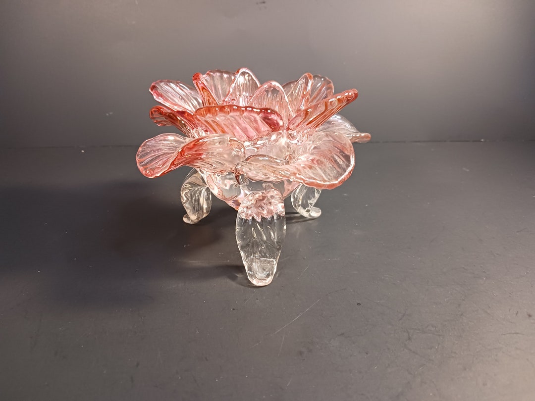 Handblown Pink Glass Flower Tea Light Holder candle Holderexquisite