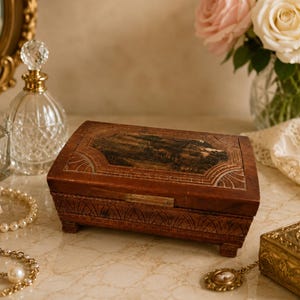 May include: A rectangular wooden box with a hinged lid featuring a dark landscape inlay and carved geometric patterns along the sides. The box stands on four small feet and has a metallic latch closure on the front edge of the lid.