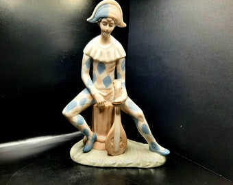 Vintage Harlequin Jester Figurine with Mandolin -Sad Harlequin  Figurine- Porcelain Clown Figurine-Unique Gift