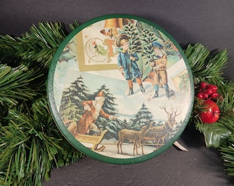 Vintage Cookie Tin- Christmas Cookie Tin- Christmas Storage-Santa Sleigh Reindeer Collectible Tin - 6” Round Container - Christmas Decor Tin