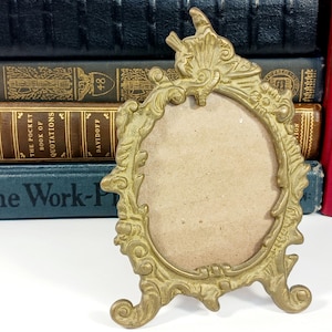 Art Nouveau Ornate Brass-Tone Photo Frame – 4.5&quot; Tall – Intricate Rococo Style – 2.25&quot; x 2&quot; Photo Opening – Vintage Romantic Tabletop Decor