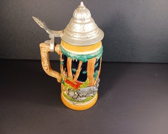 Vintage Beer Stein-Ceramic Stein with Lid - Western Germany Stein- Hunting Scene Stein-Home Bar- Father's Day Gift- Gift for Him
