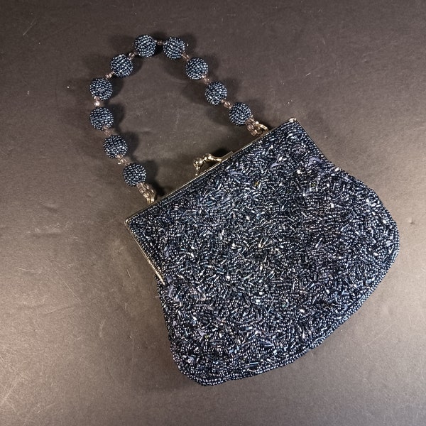 Vintage Blue Beaded Evening Purse- Kiss Lock Evening Bag- Cutch Bag- Something Blue- Wedding Purse- Prom Purse- Formal Bag-Gift for Her