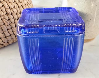 Vintage Hazel Atlas Cobalt Blue Refrigerator Dish Criss Cross Glass Lid