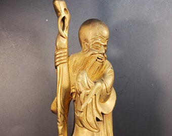 Carved Wooden Chinese Deity-  Shouxing Statue - Vintage Chinese Deity of Longevity - 12&quot; Tall - Zen Gift- Unique Gift- Chinoiserie Decor