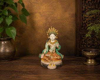 Vintage White Tara Goddess Statue Hand Painted Indian Pottery Figurine – AS-IS