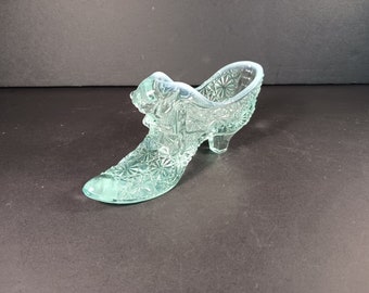 Vintage Fenton Shoe-Daisy and  Button Shoe- Blue Art Glass -Cat Head Slipper Shoe - Collectible Glassware- Gift for Her- Unique Gift