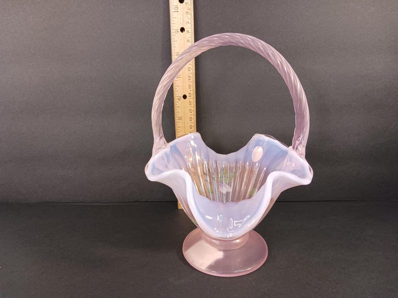 Vintage Fenton Pink Opalescent Glass Basket – Hand-painted Flowers ...