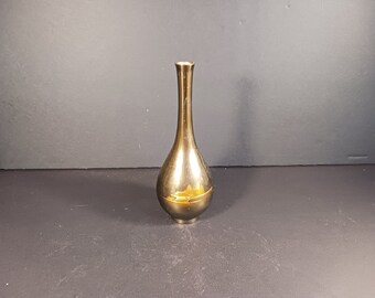 Vintage Metal Vase-Japanese Chokin-Style Metal Etched Bud Vase - Pagoda and Mountains (6.5" Tall)