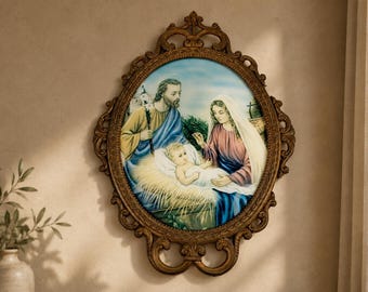 Vintage Italian Holy Family Framed Print Ornate Gold Frame Religious Wall Art