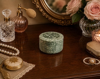 Vintage Green Stone Terrazzo Style Trinket Box Round Marble Style Container- Cork