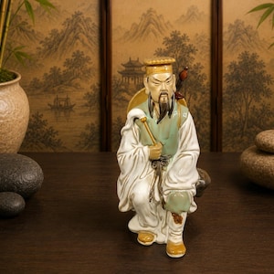 May include: A ceramic figurine of an Asian elder in traditional attire, featuring a white robe, green vest, and yellow hat. The figure is holding a staff and has a long black beard. The background includes a painted landscape and bamboo.