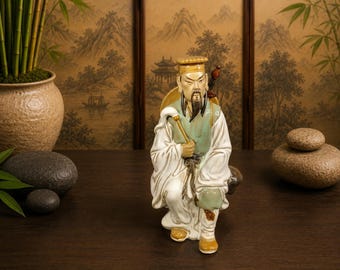 Vintage Shiwan Mud Men Figurine Glazed Pottery Asian Scholar Statue Decor
