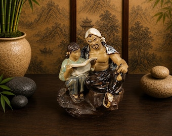 Vintage Shiwan Mud Man Figurine Father Daughter Reading Chinese Folk Art