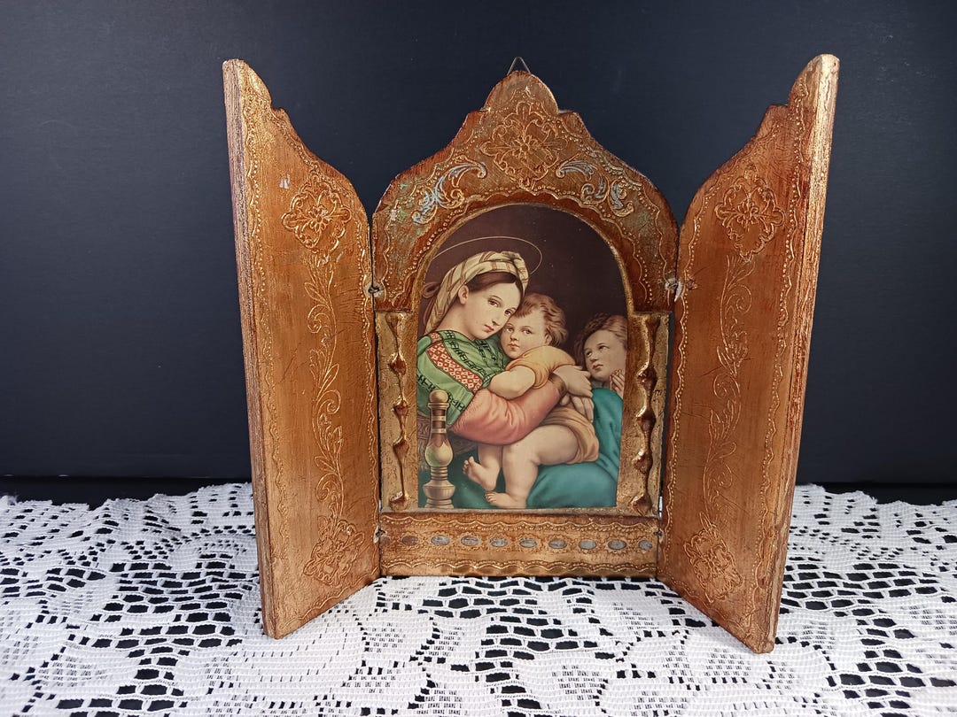 Vintage Italian Gold Gilt Wood Triptych – Madonna and Child With Angels ...