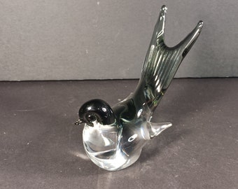 Vintage Murano Crystal Clear and Black Glass Bird Figurine by V. Nason & C. Murano- Glass Bird Pulled Tail- Bird Lovers Gift- Unique Gift