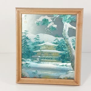 Vintage Kinkaku-ji Foil Artwork – Kyoto Japan Zen Temple Scene – Plastic Standing Frame – Unique Japanese Souvenir Gift