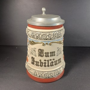 Gerz Ceramic Beer Stein - &quot;Zum Jubiläum&quot; Inscription with 94% Zinn Metal Lid- VintageBeer Stein- Beer Lovers Gift- Bachelor Party Stein
