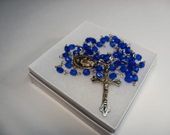 Delicate Blue Bead Rosary Gift Set- Vintage Rosary- Religious Gift- Confirmation Gift- Gift for Him- September BirthStone Color