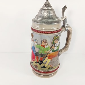 German Beer Stein with Pewter Lid – Raised Relief Tavern Scene – Western Germany Relief Stein – Collectible Bavarian Mug- Vintage Barware