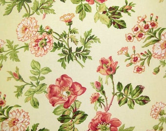 May include: A vintage floral pattern wallpaper with a light yellow background and pink and green flowers. The flowers are arranged in a repeating pattern and have a delicate, romantic feel.